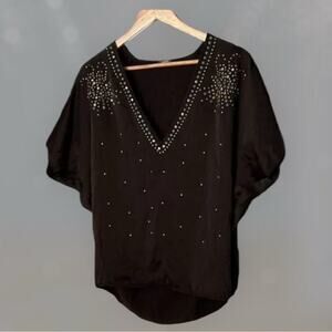 MONROW 100% Silk Beaded V-Neck Blouse Black Dolman Sleeve Top Size XS